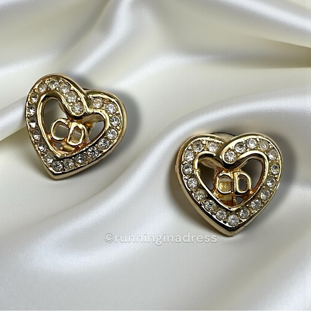 Vintage Christian Dior Gold CD Heart Crystal Earrings With Original Packaging - Picture 12 of 13